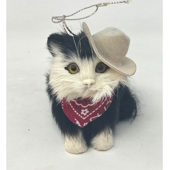 Vintage Miniature Cat W/Cowboy Hat Made of Real Rabbit Fur ~ Ornament Christmas - Picture 1 of 6
